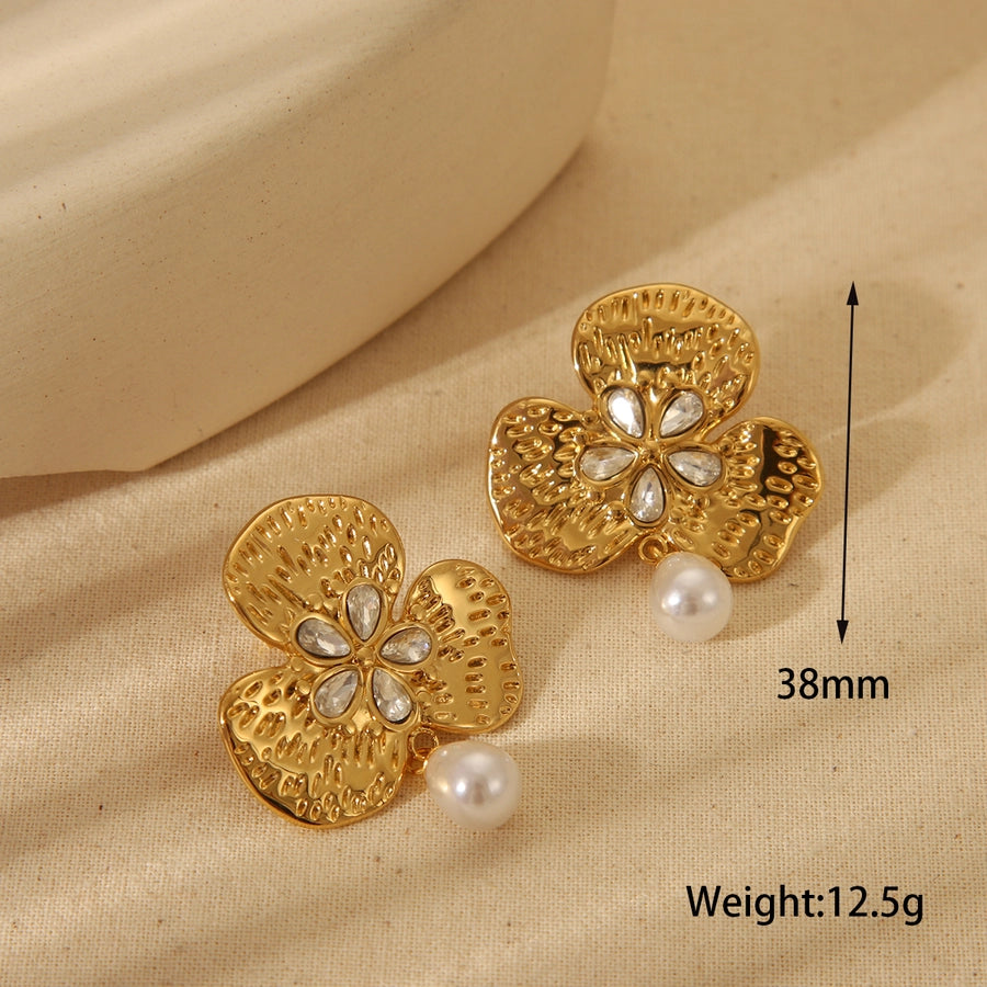 1 Pair Vintage Style Flower Plating Inlay 304 Stainless Steel Imitation Pearl Zircon 18K Gold Plated Ear Studs - CEJEW