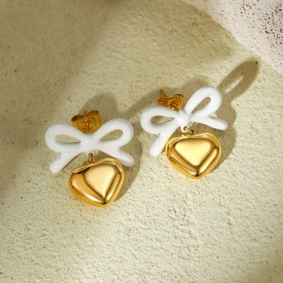 1 Pair Elegant Heart Shape Bow Knot Titanium Steel Drop Earrings