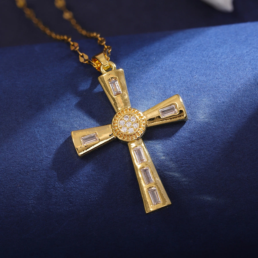 Classic Style Cross 304 Stainless Steel Copper Inlay 18K Gold Plated Zircon Pendant Necklace