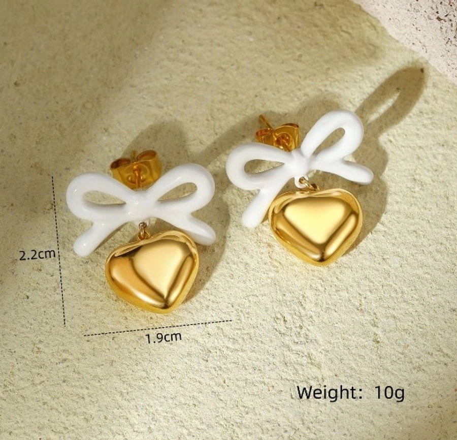 1 Pair Elegant Heart Shape Bow Knot Titanium Steel Drop Earrings