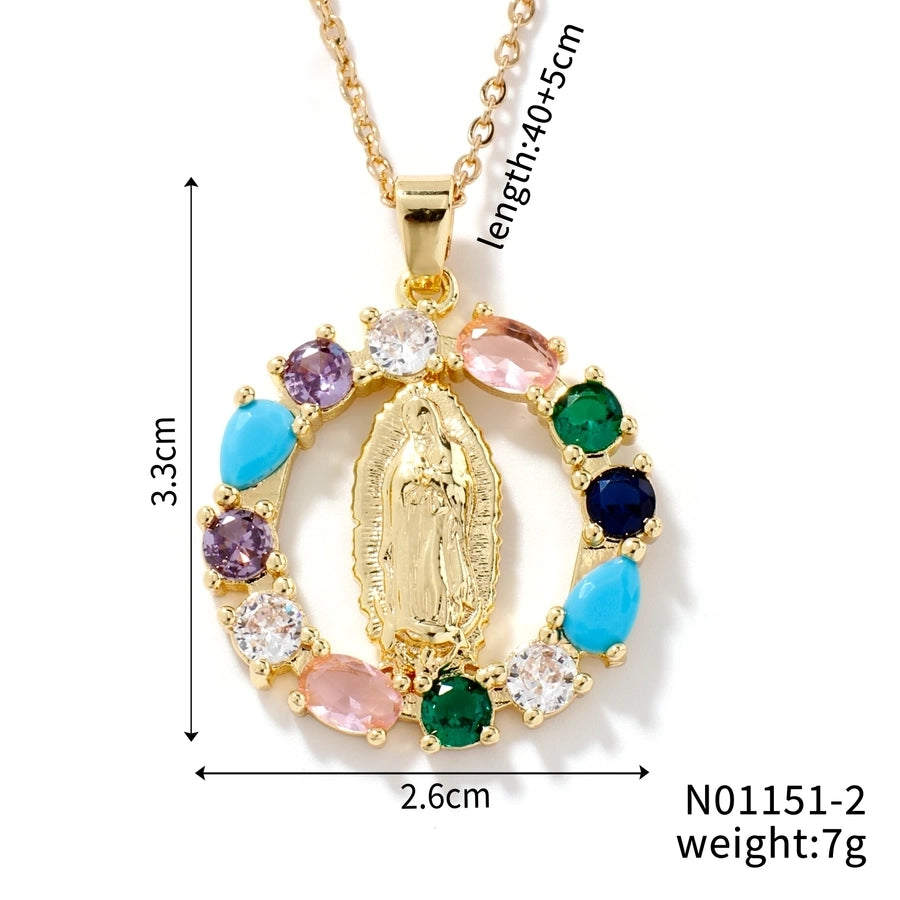 Jewelry Vintage Style Virgin Mary Oval Heart Shape 304 Stainless Steel Copper Zircon K Gold Plated Inlay Pendant Necklace