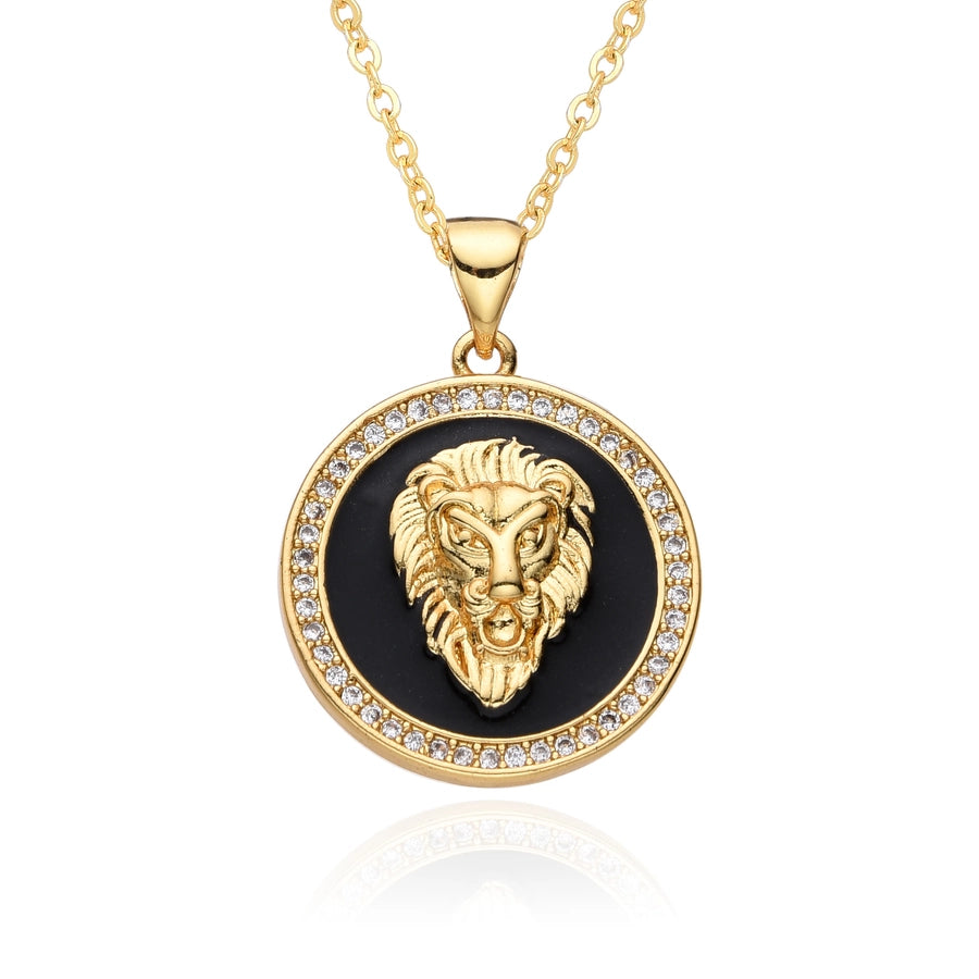 Copper Gold Plated Enamel Inlay Round Lion Bee Zircon Pendant Necklace