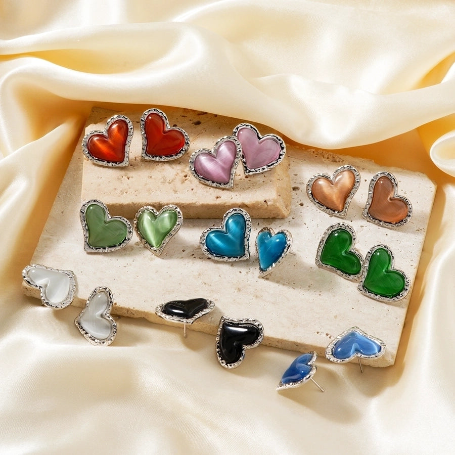 1 Pair Glam Sweet Simple Style Heart Shape Inlay 304 Stainless Steel Natural Stone K Gold Plated Rhodium Plated Ear Studs