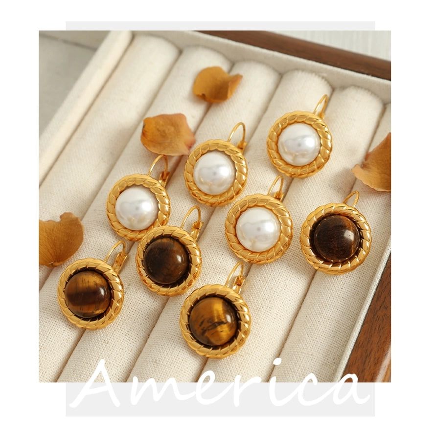 1 Pair Elegant Classical Lady Round Polishing Plating 304 Stainless Steel Artificial Pearls Tiger Eye 18K Gold Plated Drop Earrings - CEJEW