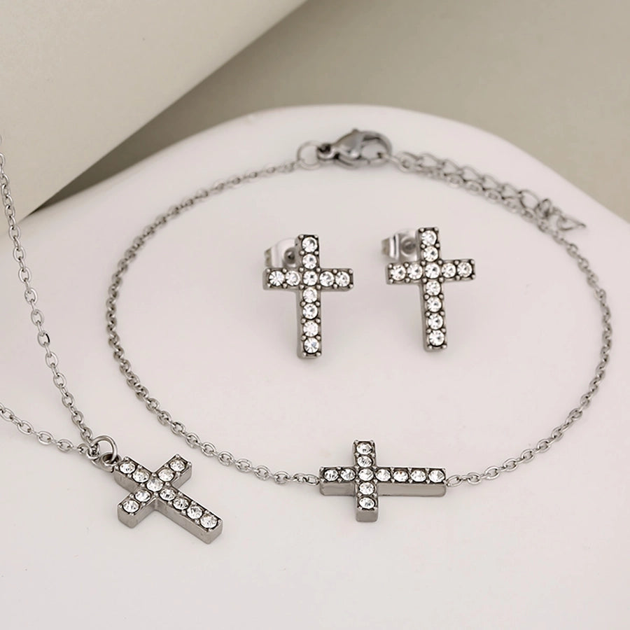 Jewelry Luxurious Classic Style Shiny Cross Round 304 Stainless Steel Rhinestones 18K Gold Plated Inlay Jewelry Set