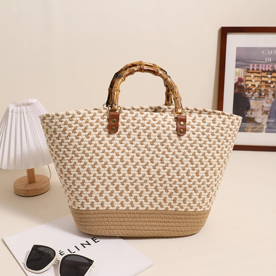 Women's Cotton Splicing Vacation Weave Shell Open Handbag