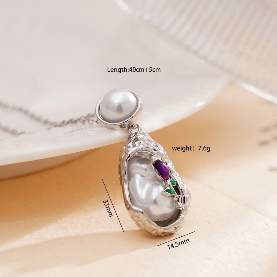 Jewelry Elegant Water Droplets Heart Shape Rose 304 Stainless Steel Copper Pearl White Gold Plated Gold Plated Enamel Plating Inlay Pendant Necklace