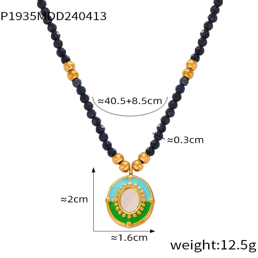 304 Stainless Steel natural stone Agate 18K Gold Plated Casual Retro Beaded Enamel Plating Round Necklace