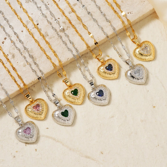 Jewelry Classic Style Heart Shape 304 Stainless Steel Copper Zircon K Gold Plated Rhodium Plated Inlay Pendant Necklace