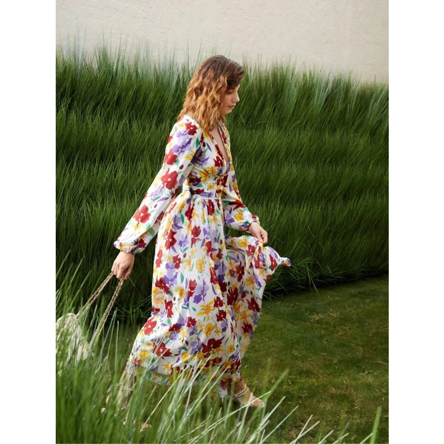 Women's Swing Dress Streetwear V Neck Long Sleeve Flower Maxi Long Dress Holiday