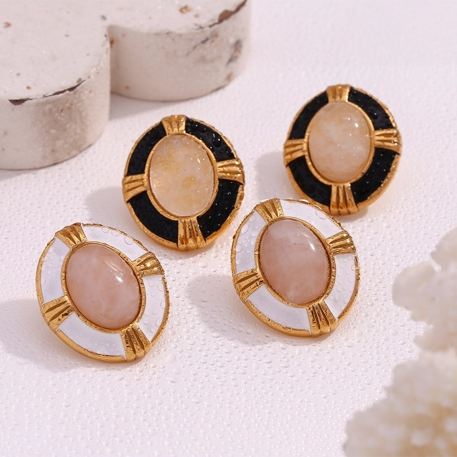 1 Pair Vintage Style Simple Style Classic Style Oval Plating Inlay 304 Stainless Steel Natural Stone 18K Gold Plated Ear Studs - CEJEW