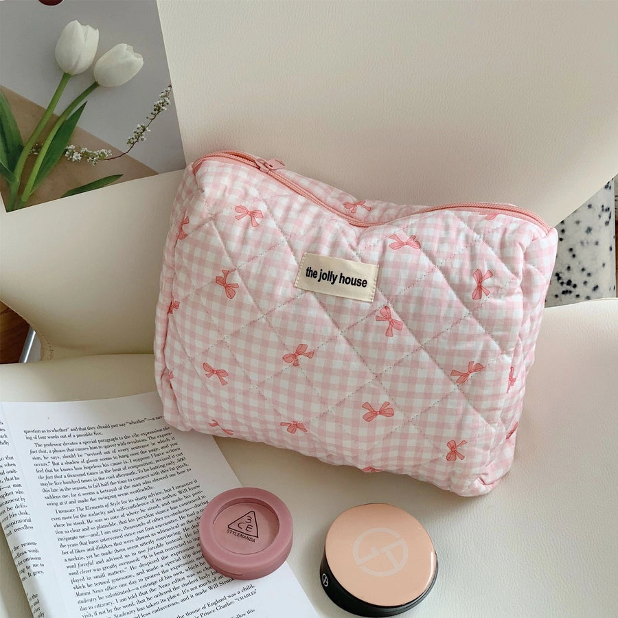 Elegant Streetwear Plaid Canvas Square Makeup Bags