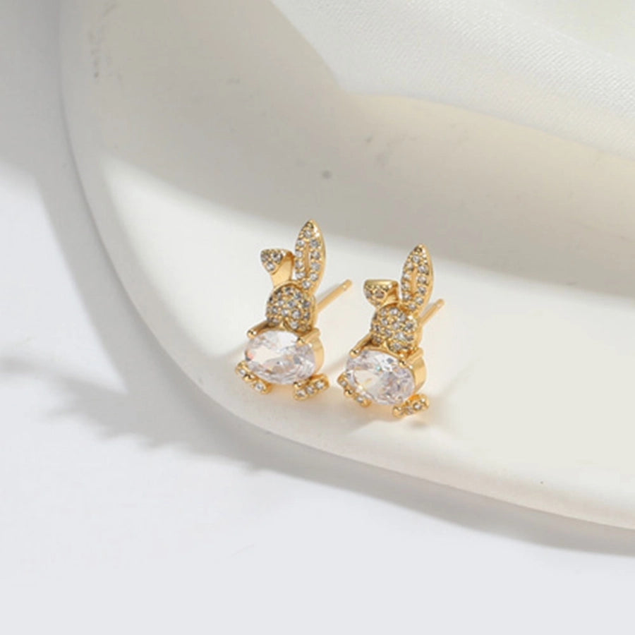 1 Pair Simple Style Shiny Rabbit Heart Shape Bow Knot Inlay Copper Zircon 14K Gold Plated Copper Earrings - CEJEW