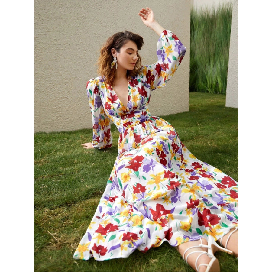 Women's Swing Dress Streetwear V Neck Long Sleeve Flower Maxi Long Dress Holiday