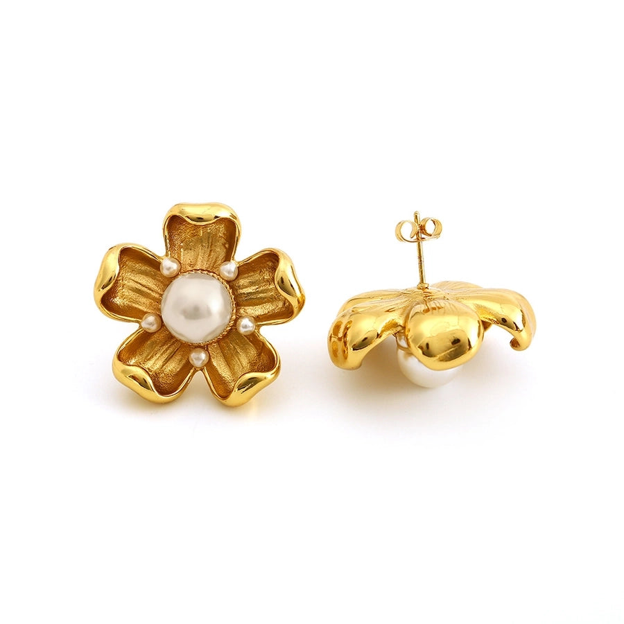 1 Pair Elegant Flower Plating Inlay Titanium Steel Pearl 18K Gold Plated Ear Studs