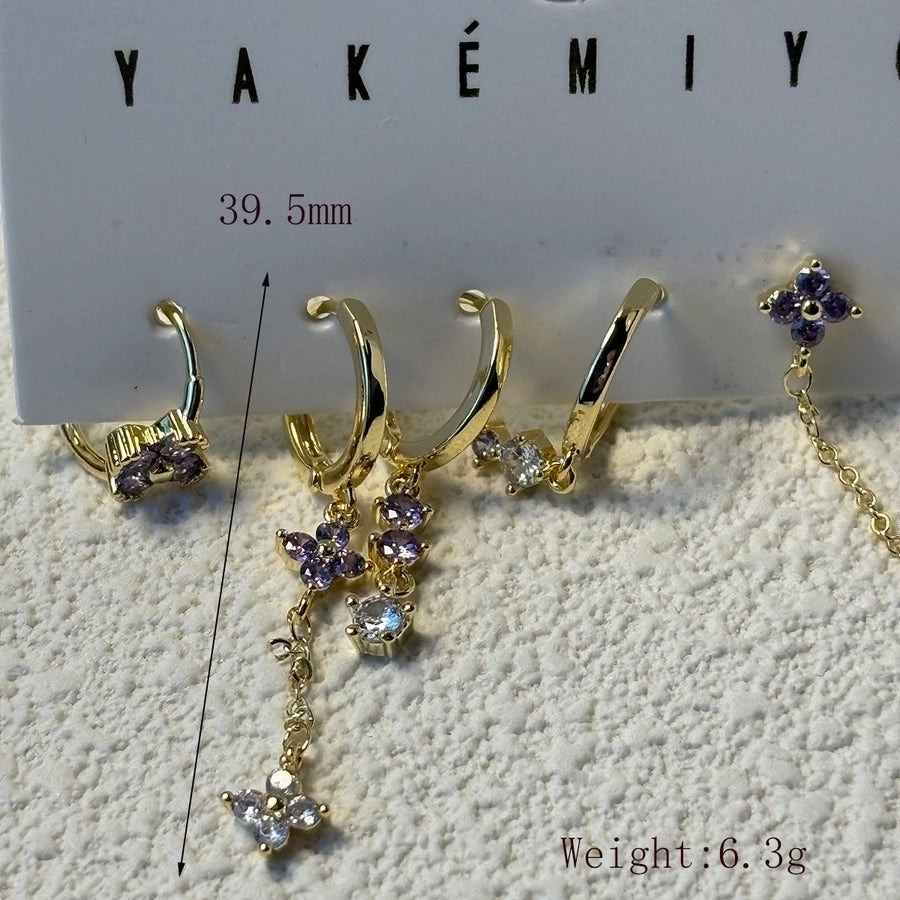 1 Set IG Style Yakemiyou French Style Four Leaf Clover Inlay Copper Zircon 14K Gold Plated Earrings