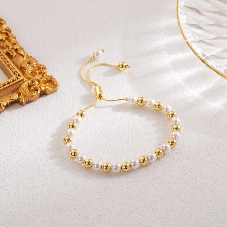 ig style simple style round imitation pearl copper 18k gold plated bracelets in bulk