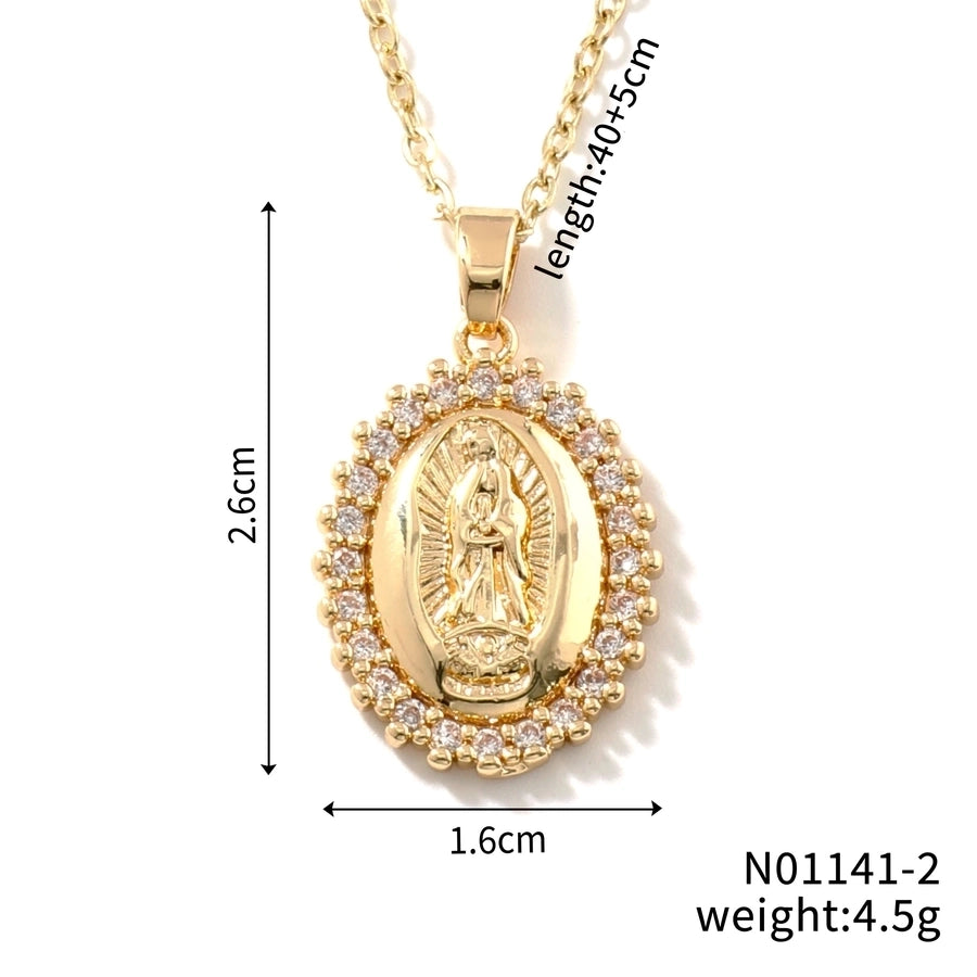 Jewelry Vintage Style Classic Style Geometric Round Virgin Mary 304 Stainless Steel Copper Zircon K Gold Plated Inlay Pendant Necklace - CEJEW