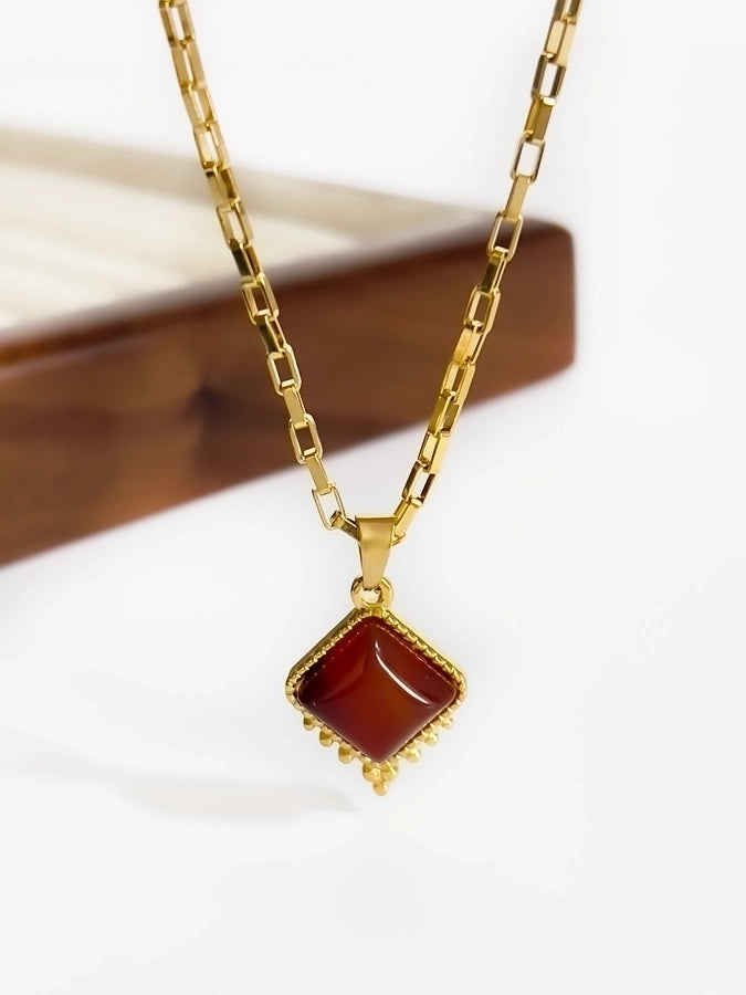 Jewelry Retro Classic Style Rhombus 316L Stainless Steel  Natural Stone 18K Gold Plated Irregular Inlay Pendant Necklace