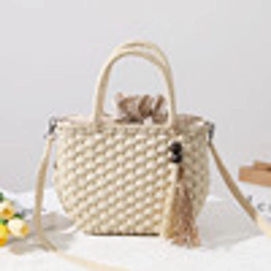 Women's Straw Solid Color Vacation Beading Tassel Weave Square String Shoulder Bag