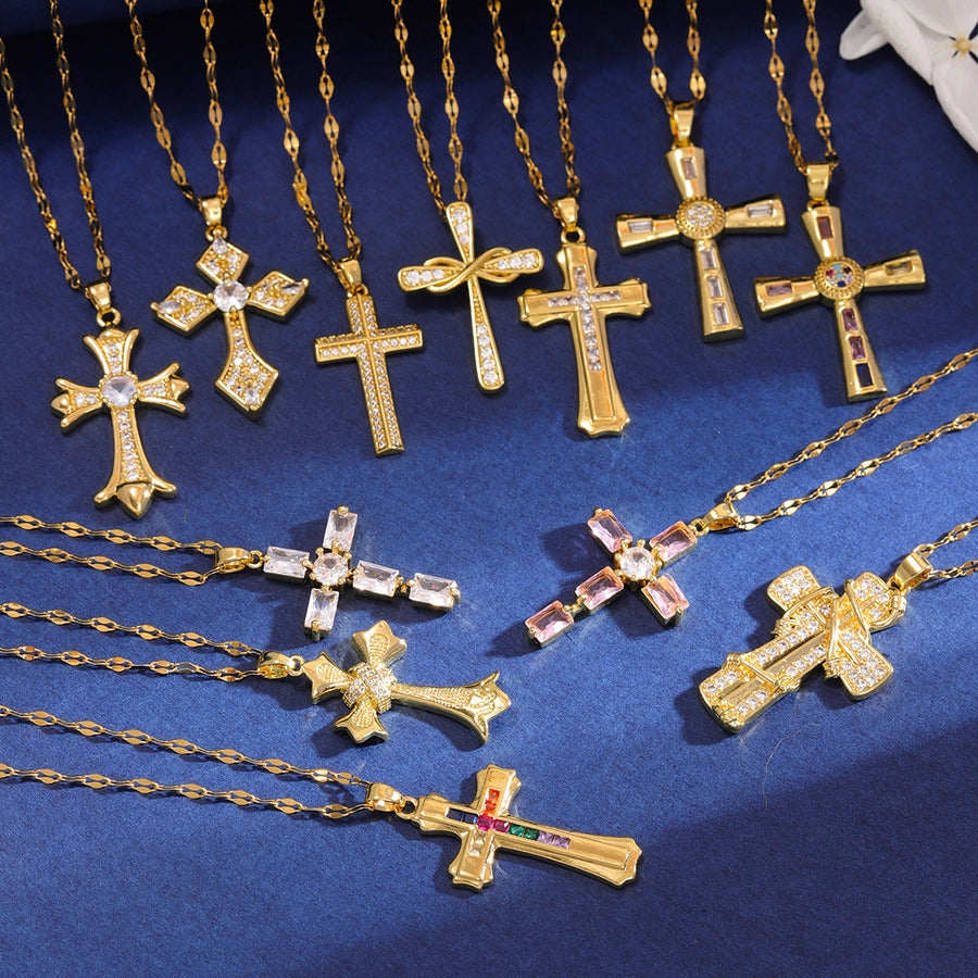 Classic Style Cross 304 Stainless Steel Copper Inlay 18K Gold Plated Zircon Pendant Necklace