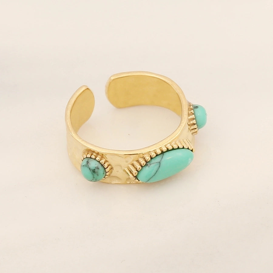 Stainless Steel 18K Gold Plated Ethnic Style Inlay Geometric Turquoise Open Ring