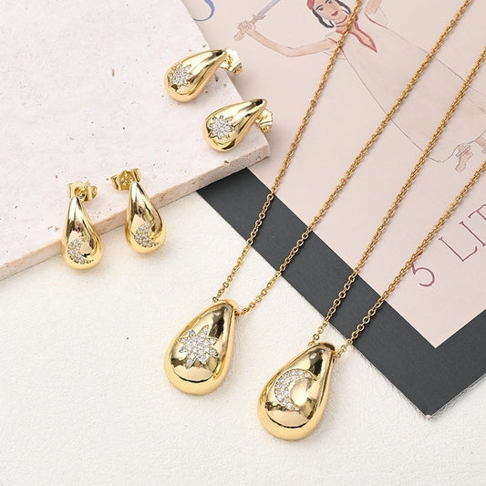 304 Stainless Steel Copper 18K Gold Plated Polishing Plating Inlay Eight awn star Moon Water Droplets Zircon Jewelry Set