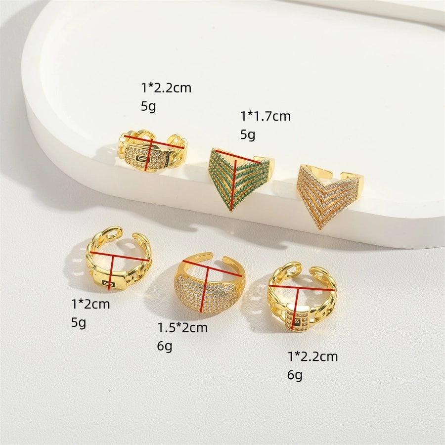 Copper 14K Gold Plated Vintage Style Simple Style Commute Enamel Inlay V Shape Geometric Zircon Open Rings