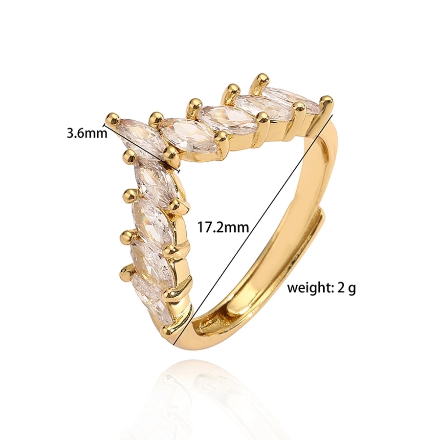 elegant luxurious shiny v shape copper plating inlay zircon 18k gold plated open rings