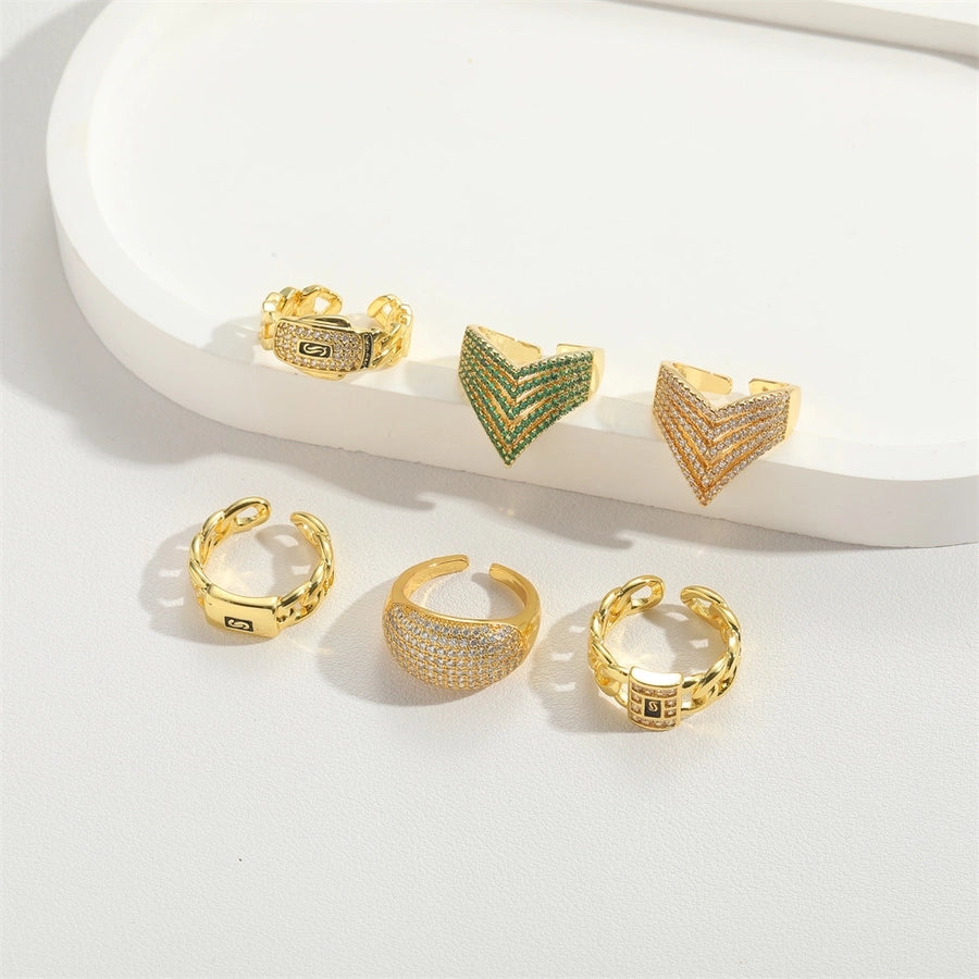 Copper 14K Gold Plated Vintage Style Simple Style Commute Enamel Inlay V Shape Geometric Zircon Open Rings