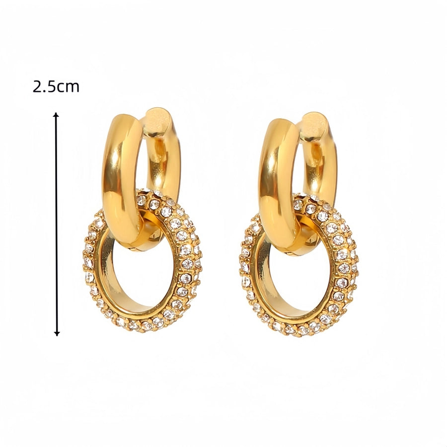 1 Pair Vintage Style Circle Inlay 304 Stainless Steel Zircon 18K Gold Plated Ear Studs - CEJEW