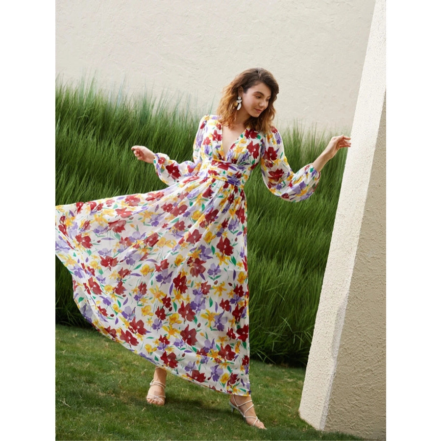 Women's Swing Dress Streetwear V Neck Long Sleeve Flower Maxi Long Dress Holiday