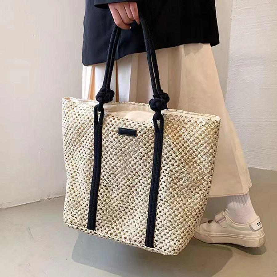 Women's Large Paper Solid Color Elegant Streetwear Weave Square Zipper Straw Bag