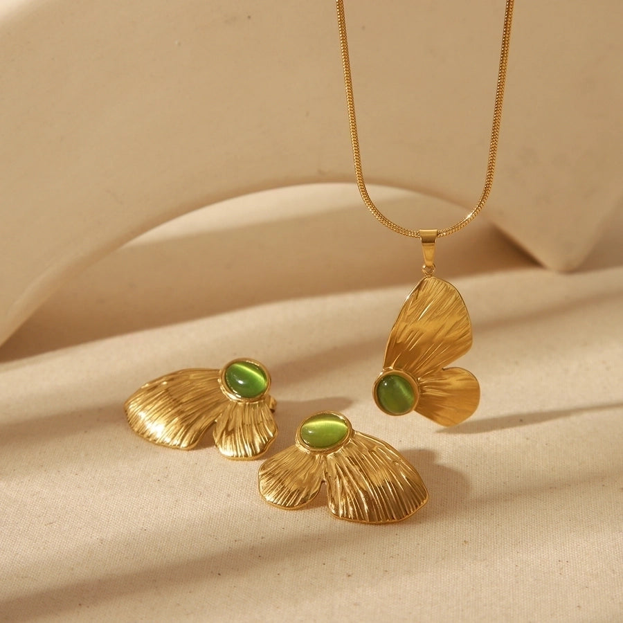 Jewelry French Style Commute Butterfly 304 Stainless Steel Natural Stone 18K Gold Plated Inlay Jewelry Set