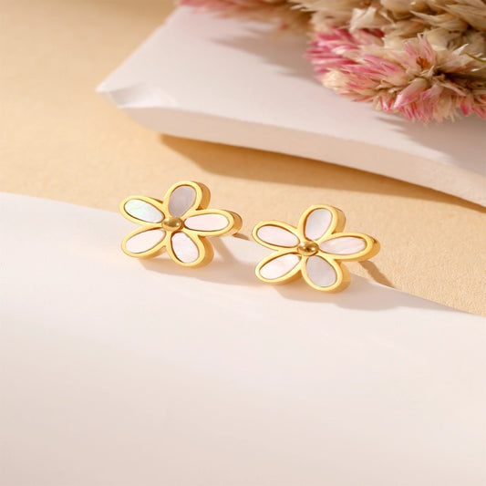 Jewelry Glam Simple Style Flower Stainless Steel Titanium Steel Shell 24K Gold Plated Inlay Earrings Necklace