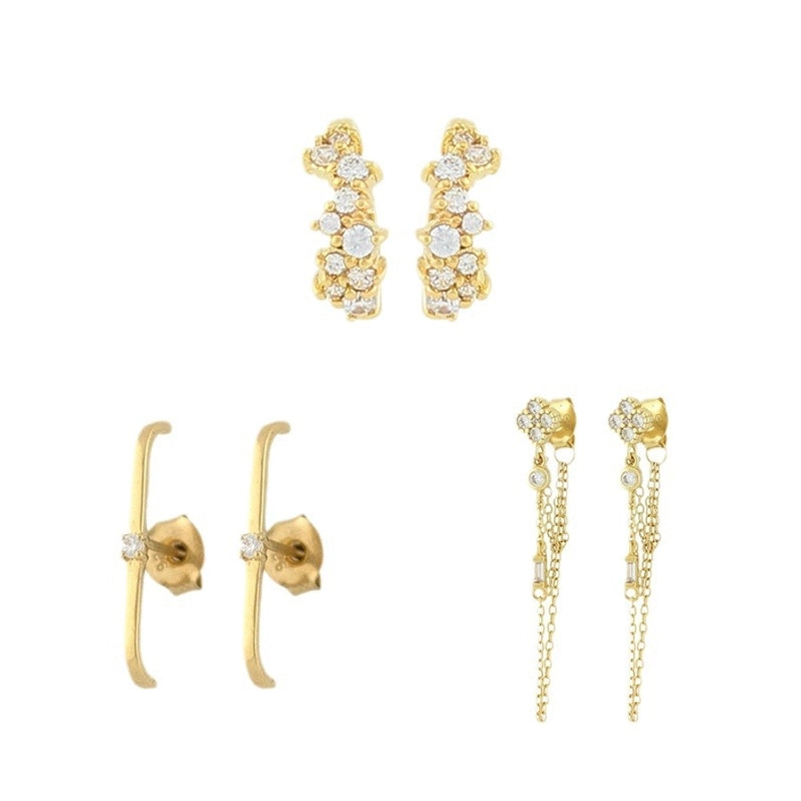 1 Pair IG Style Geometric Inlay Copper Zircon Gold Plated Ear Studs