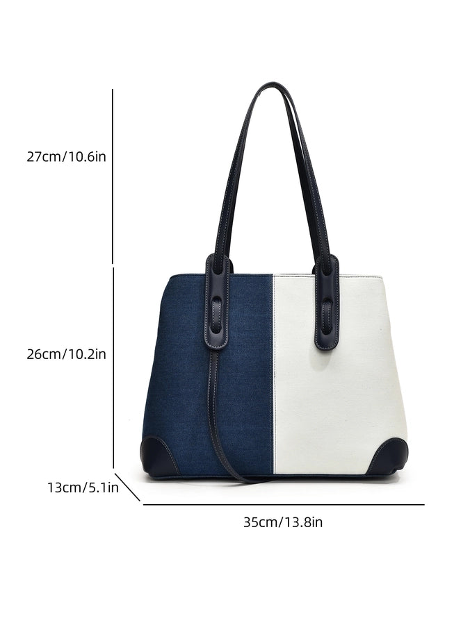 Women's Denim Splicing Classic Style Sewing Thread Bucket Zipper Tote Bag