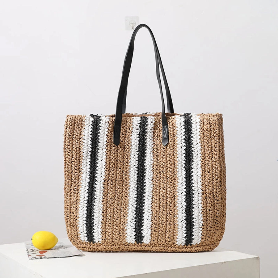 Women's Straw Stripe Vacation Weave Square Magnetic Buckle Tote Bag