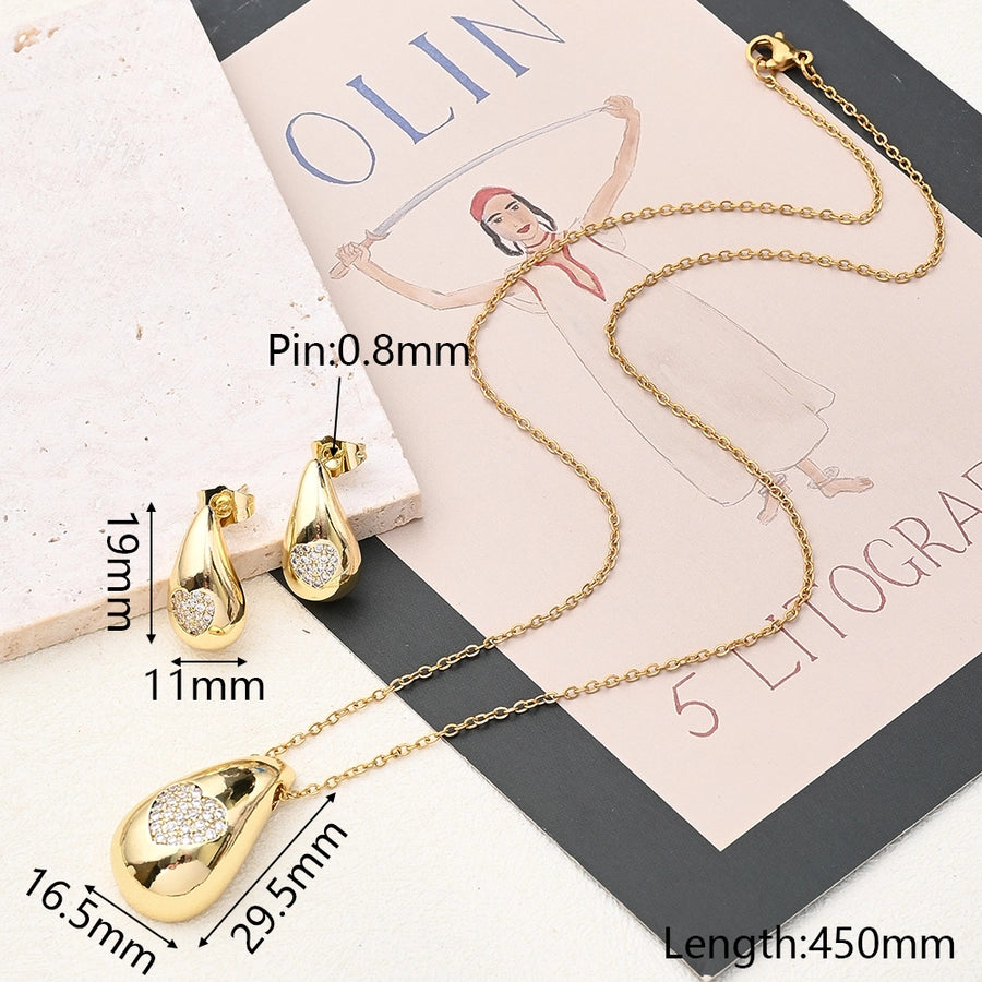 304 Stainless Steel Copper 18K Gold Plated Polishing Plating Inlay Round Water Droplets Heart Shape Zircon Jewelry Set