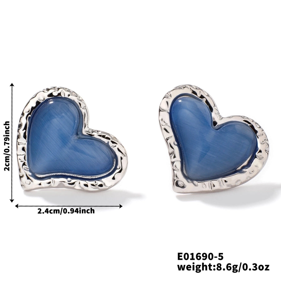 1 Pair Glam Sweet Simple Style Heart Shape Inlay 304 Stainless Steel Natural Stone K Gold Plated Rhodium Plated Ear Studs