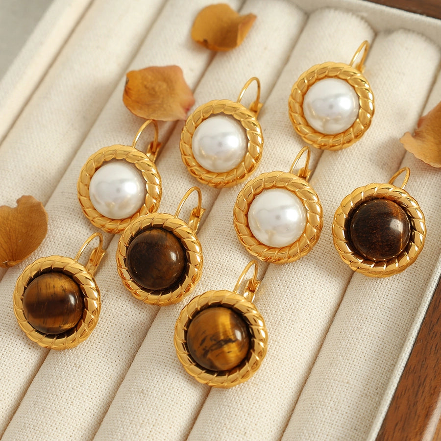 1 Pair Elegant Classical Lady Round Polishing Plating 304 Stainless Steel Artificial Pearls Tiger Eye 18K Gold Plated Drop Earrings - CEJEW