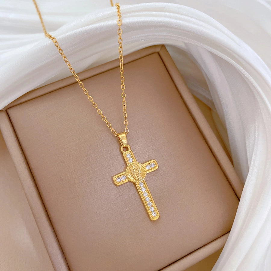 Titanium Steel Copper Gold Plated Inlay Cross Zircon Pendant Necklace