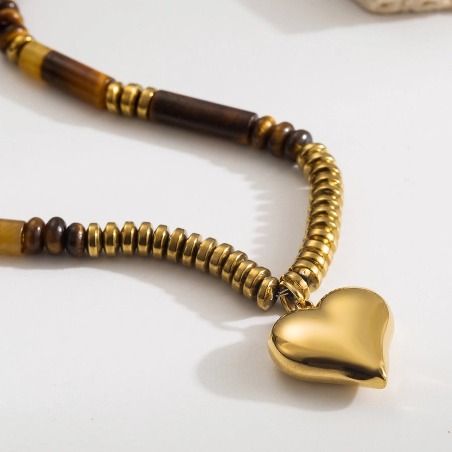 Jewelry Casual Classic Style Heart Shape 304 Stainless Steel Natural Stone Gold Plated Beaded Pendant Necklace