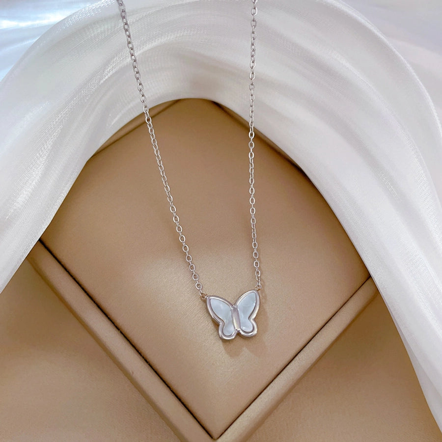 fashion butterfly titanium steel inlay shell necklace - CEJEW