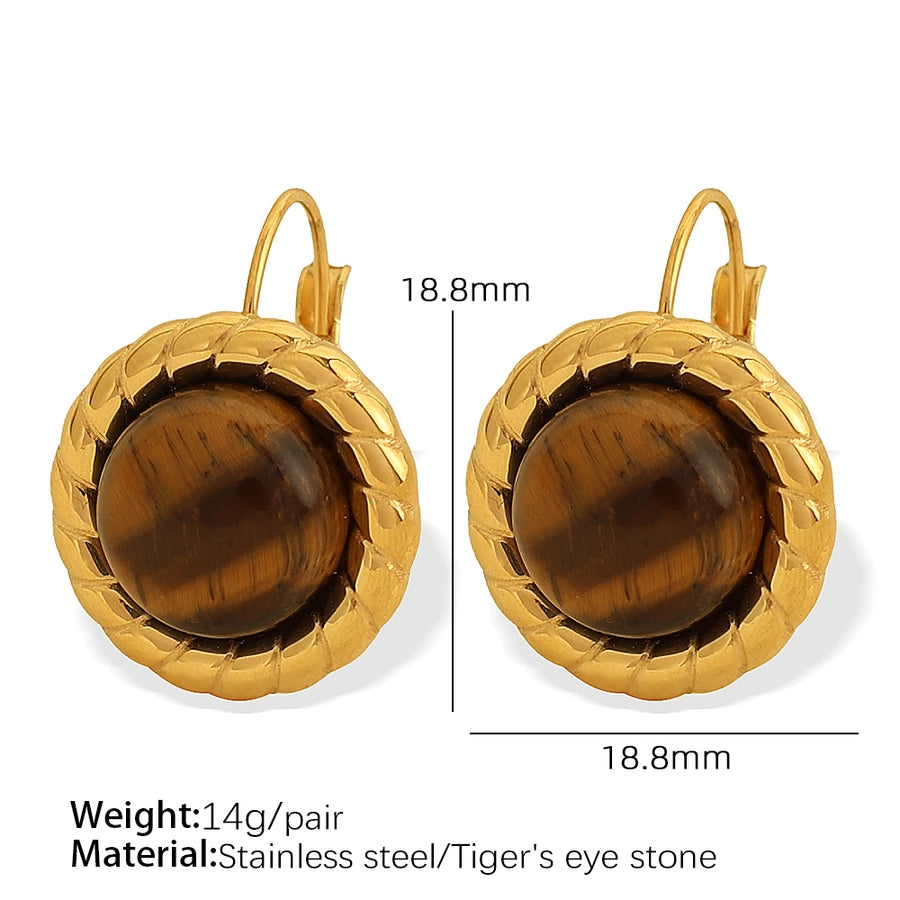 1 Pair Elegant Classical Lady Round Polishing Plating 304 Stainless Steel Artificial Pearls Tiger Eye 18K Gold Plated Drop Earrings - CEJEW