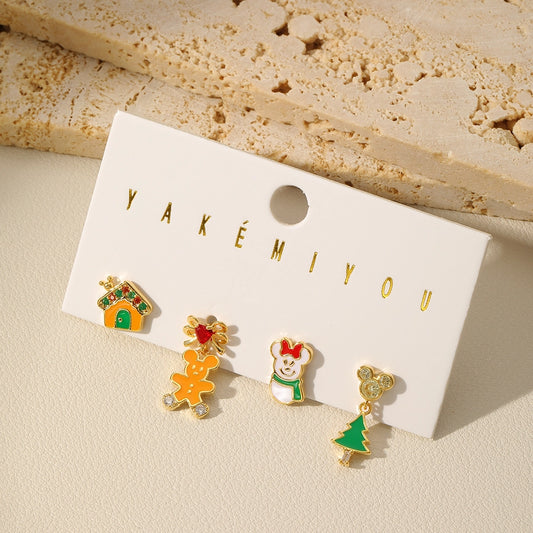 1 Set Cute Christmas Tree Snowman Enamel Plating Inlay Copper Zircon 14K Gold Plated Ear Studs