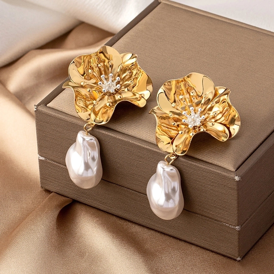 1 pair elegant retro french style flower plating inlay alloy pearl gold plated drop earrings