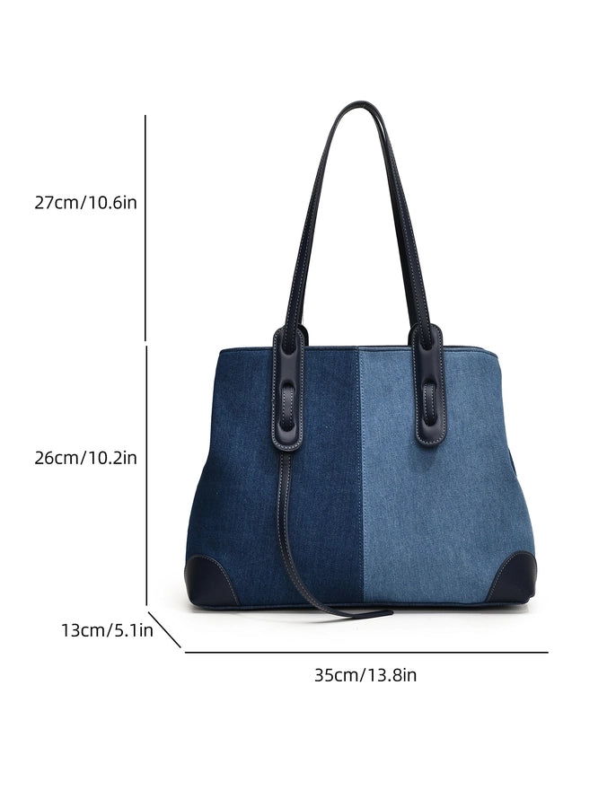 Women's Denim Splicing Classic Style Sewing Thread Bucket Zipper Tote Bag