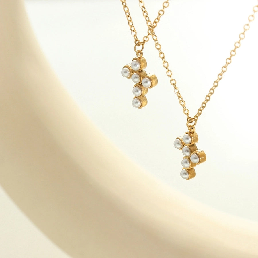 Jewelry Simple Style Cross 304 Stainless Steel Artificial Pearls 18K Gold Plated Plating Inlay Pendant Necklace