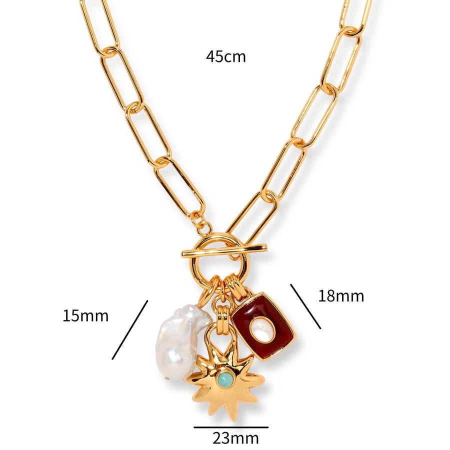 Copper Gold Plated Enamel Inlay Round Star Heart Shape Gem Pearl Pendant Necklace